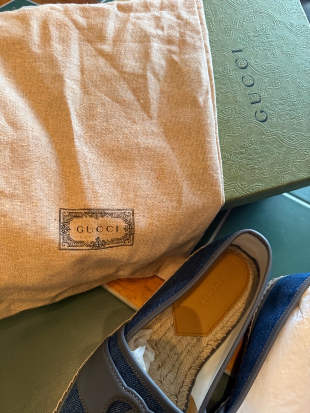 GUCCI Blue Denim Espadrille Slip-Ons with Gray Leather Trim - Picture 9 of 12